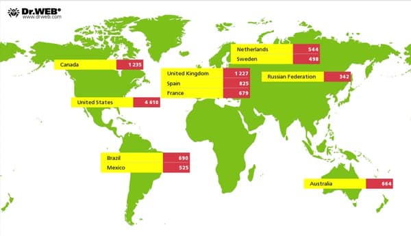 World map of infections, by Dr Web
