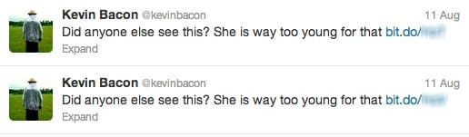 Phishing tweets on Kevin Bacon's account