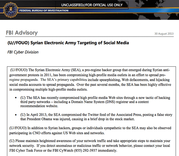 FBI advisory on Syrian Electronic Army