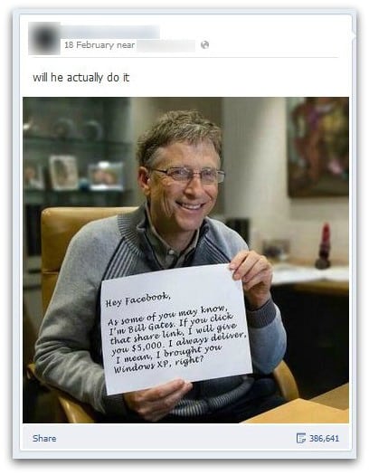 Bill Gates share hoax, referencing Windows XP