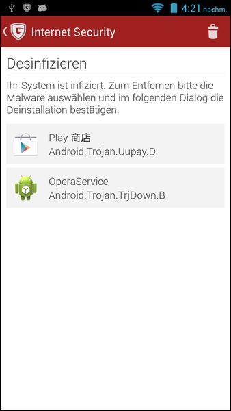 G Data screenshot of Android malware detection