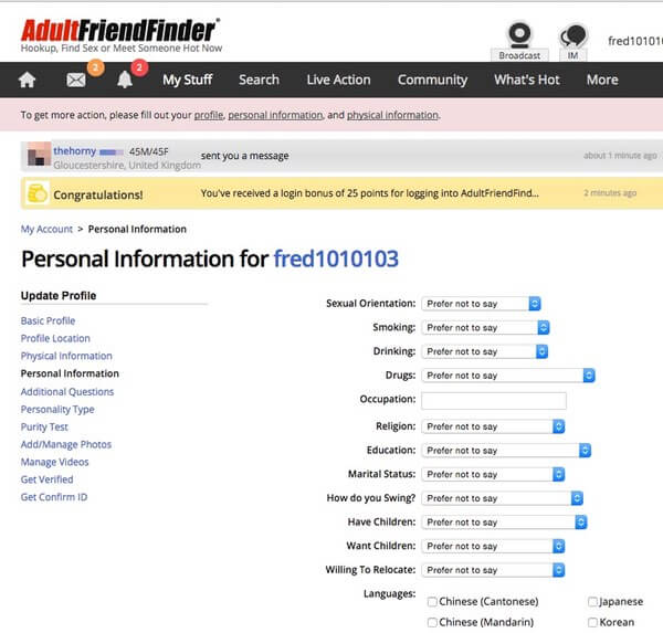 AdultFriendFinder profile