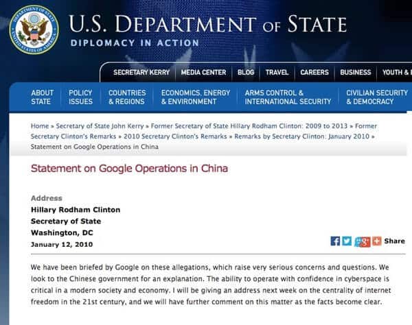 Hillary Clinton responds to China over Google