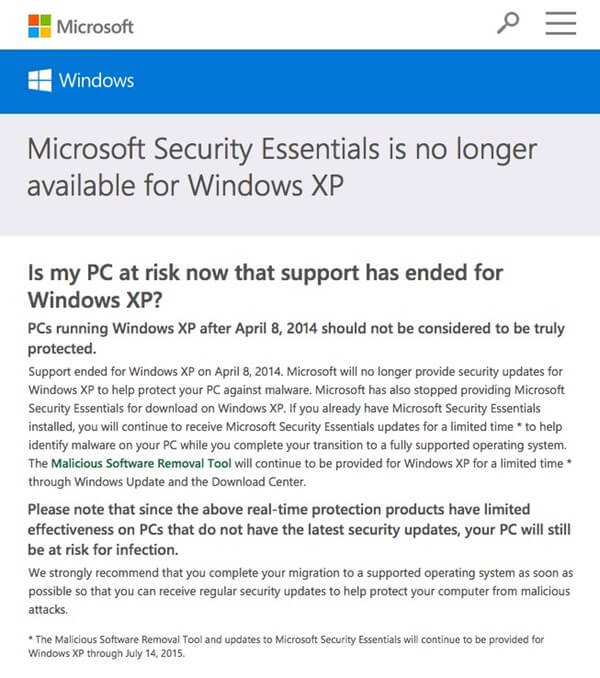 Microsoft Security Essentials on WIndows XP