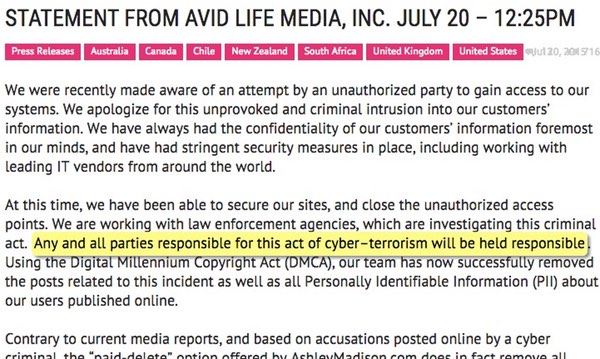 Terrorism claims Ashley Madison