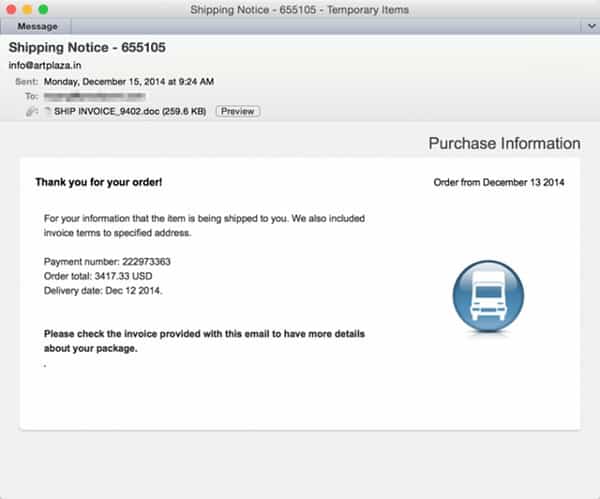 Example of Dridex email. Source: Symantec