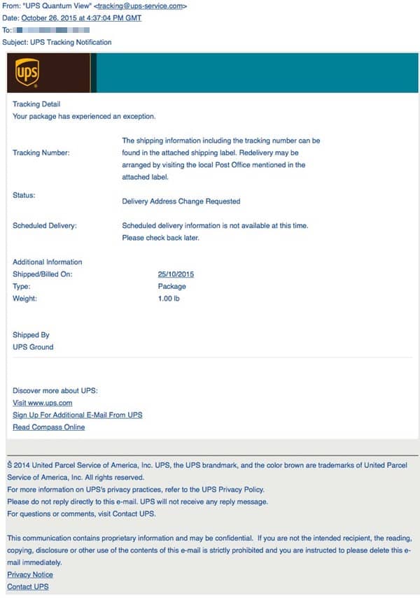 Fake UPS notification email