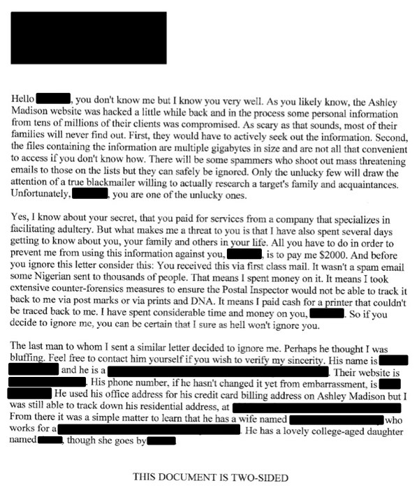 Ashley Madison blackmail letter