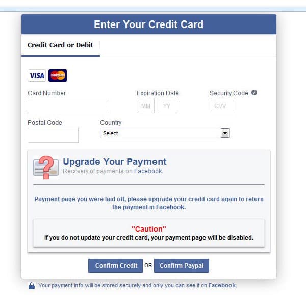 Facebook payment card phishing