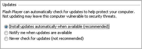 Adobe Flash update settings
