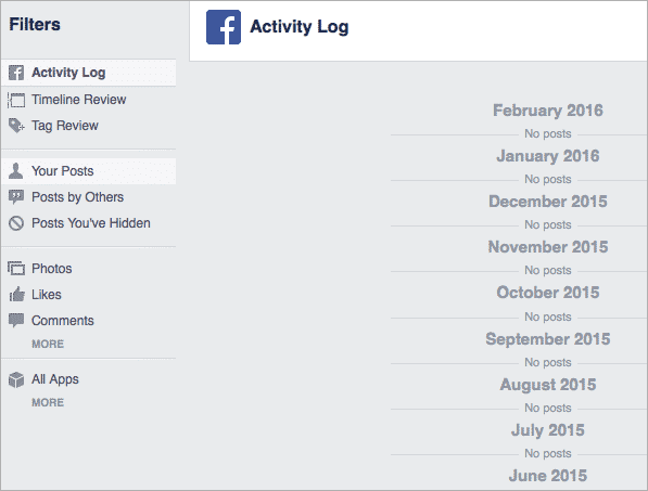 Facebook activity log