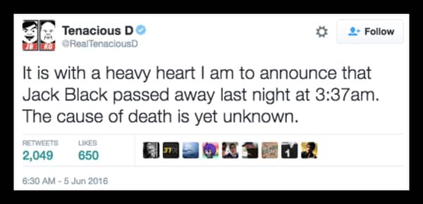 Fake Jack Black dead tweet
