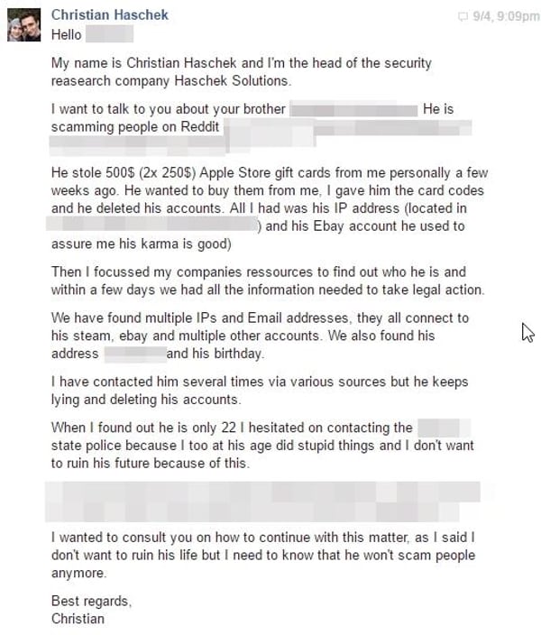 Haschek Facebook message
