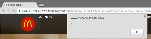 Alert box on McDonalds website