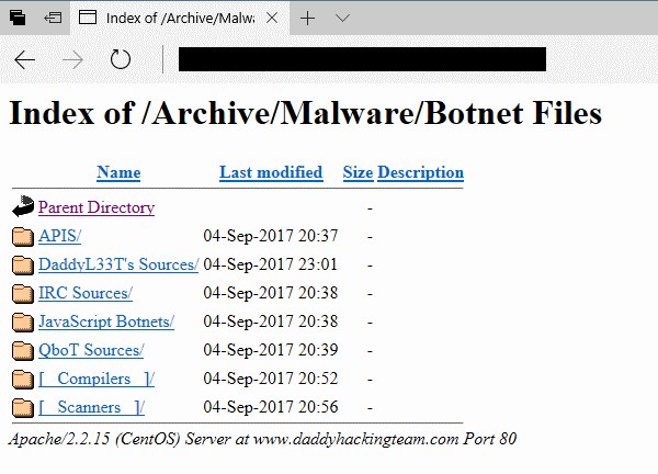 A "botnet file" repository hosted on DaddyHackingTeam. (Source: Bleeping Computer)
