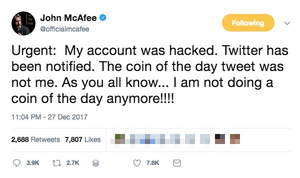 John Mcafee tweet