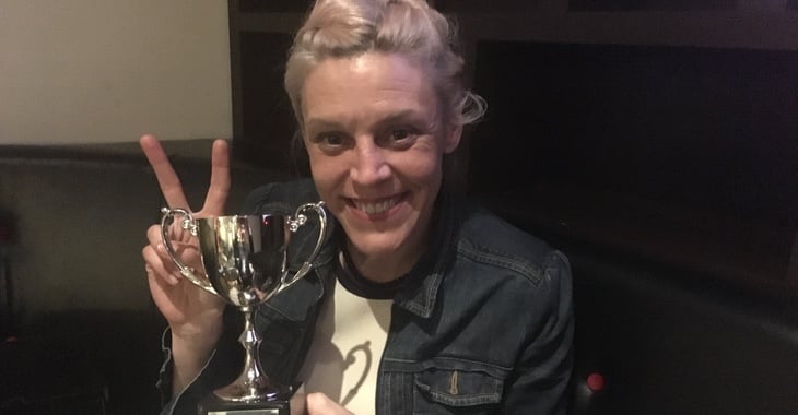 Carole Theriault celebrating Smashing Security's second win for Best Security Podcast