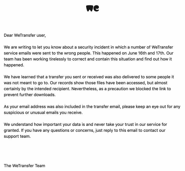 WeTransfer notified users via email.