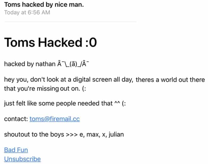 Toms Shoes hacked newsletter