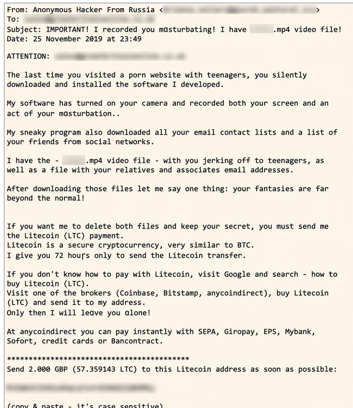 Litecoin sextortion email