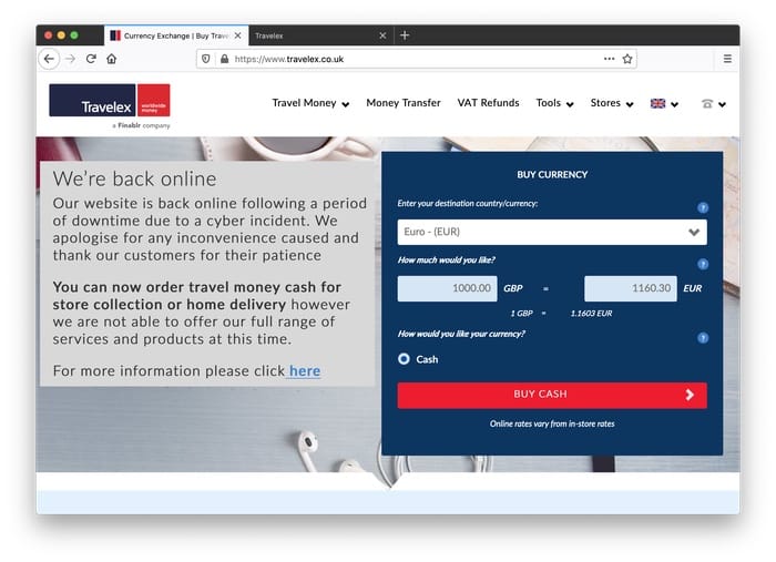 Travelex website, Jan 31 2020