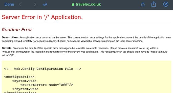 Travelex website error