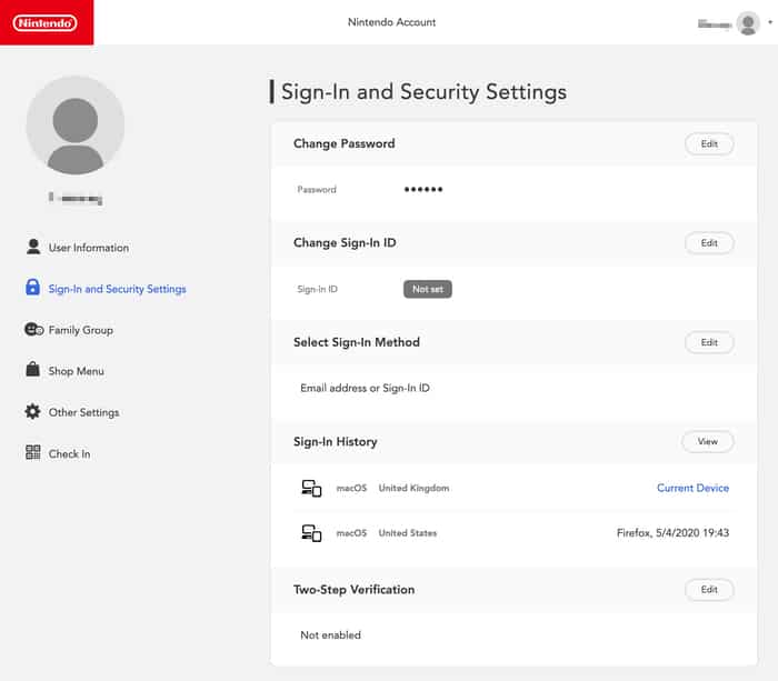 Nintendo settings